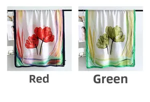 Artistic floral print scarves in red and green tulips design on a smooth satin fabric
