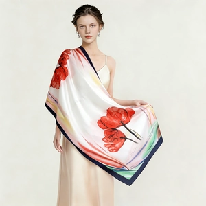 Women Satin Floral Print Shawl Large Sun Protection Scarf Artistic Tulip Pattern Vacation Beach Wrap Elegant Neck Scarf