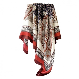 90cm navy paisley satin square scarf for women with elegant geometric border