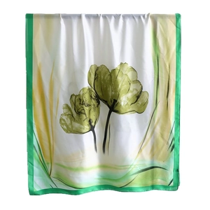 Silk scarf with green tulip prints and contrast border for beach sun protection