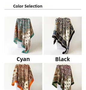 Detailed grid of four satin silk scarves with ethnic paisley patterns and fringe textures
