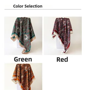 Close-up of retro paisley pattern on 90cm silk scarves in green red and orange tones