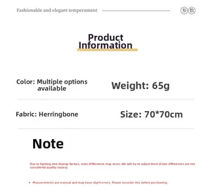 Detailed specs of 70x70cm herringbone pattern scarf with 65g lightweight fabric