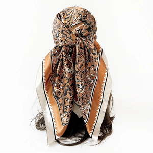 Back view of 90cm vintage paisley silk scarf with brown floral patterns and satin finish