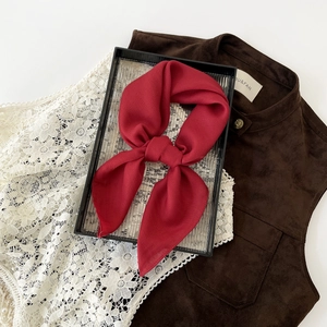 Detailed view of red silk scarf with herringbone pattern tied in a bow on vintage tray