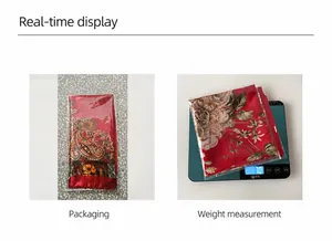 Detail des Paisley-Seidentuchs in roter Verpackung beim Wiegen des Produkts