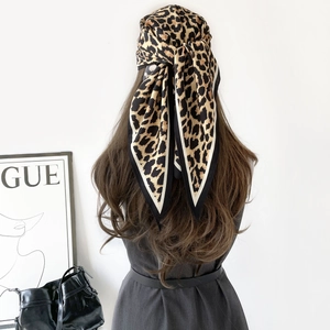 Leopard Print Satin Triangle Scarf For Women Fashion Herringbone Texture Sun Protection Shawl Hair Headwrap Scarf Accessory