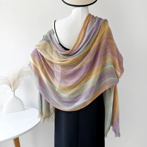 Detail of pleated gradient shawl with soft stripes and fringe on white mannequin