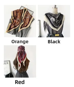 Detailansicht der Paisley-Druck-Dreieckstücher in Orange, Schwarz und Rot Modestilen