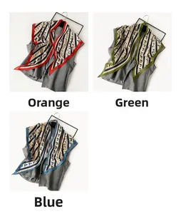 Close-up of vintage equestrian silk scarves in orange, green, and blue striped patterns