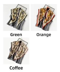 Detail of vintage patterned silk scarves in green, orange and coffee on a textured vest