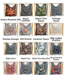 Detailed grid display of 16 different paisley and floral print silk square scarves