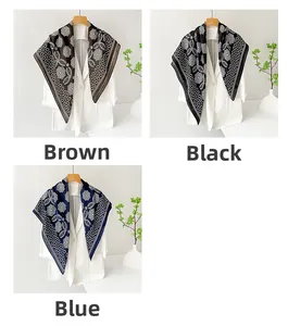 Detailed close-up showing satin square scarves in brown black and blue on white suits