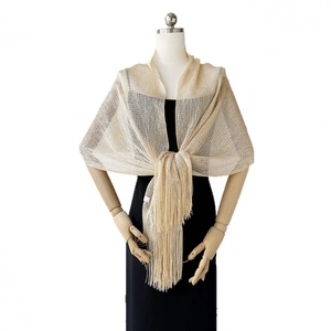 Elegant champagne gold shawl with tassels and metallic mesh for evening dress