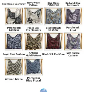 Detailed grid display of 14 paisley and geometric patterns on silk neckerchiefs