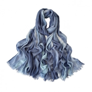 Blue gradient cotton linen hijab scarf with pleated texture and long tassels
