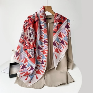 Close-up of lightweight paisley floral scarf draped over a chic blazer jacket