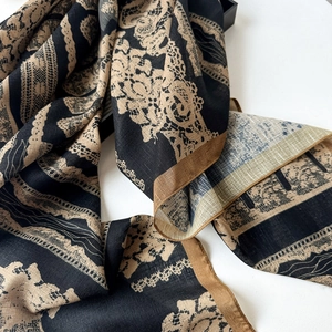 Black and beige paisley print lightweight shawl with elegant floral lace patterns