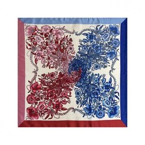Elegant 90cm square satin silk scarf with colorful floral prints and contrasting borders