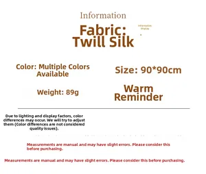 Detailed size and material specs for the 90x90cm twill silk scarf showing 89g weight