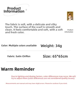Spécifications du foulard satin mousseline 65x65cm, poids 34g, motifs paisley variés