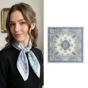 Carré de Soie en Satin Français Imprimé Paisley Fleur de Cajou Aspect Soie Foulard Cheveux Fin pour Femme Bureau