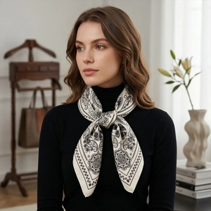 Elegant white satin square scarf with vintage black paisley pattern on female model
