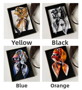 Dettagli di foulard in seta con motivi geometrici in giallo, nero e tonalità blu