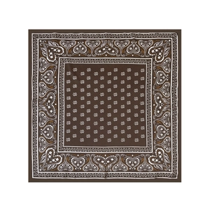 Flat lay of square paisley scarf featuring brown heart patterns and geometric borders