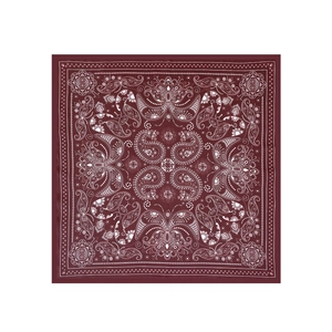 Macro view of burgundy paisley square scarf with white intricate floral patterns