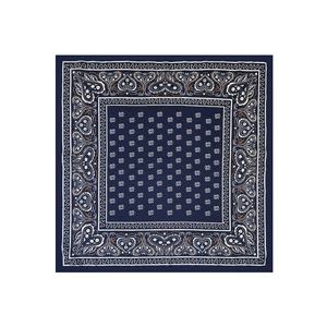 Flat lay of navy blue paisley silk scarf showing intricate square pattern on white background