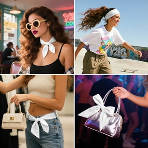Foulard en soie blanc polyvalent porté en cravate, bandeau, ceinture et nœud de sac