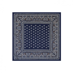 Navy blue paisley silk square scarf with floral pattern on a clean white background