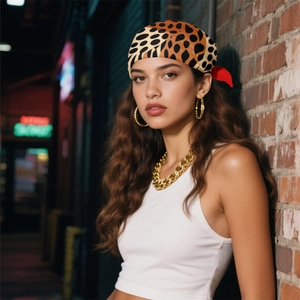 Fashionable red leopard print silk square scarf styled as a headband for women