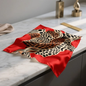 Luxurious red leopard print satin silk square scarf on white marble surface