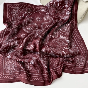 Elegant deep red paisley satin square scarf with vintage mandala pattern on white background