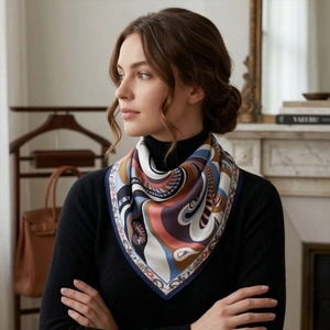 Foulard quadrato effetto seta con stampa geometrica annodato su lupetto nero chic