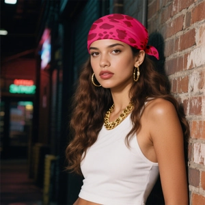 Bandana quadrata con stampa mucca rosa e rossa indossata in un contesto urbano alla moda