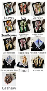Detail grid of floral and paisley art patterns on premium satin square silk scarves