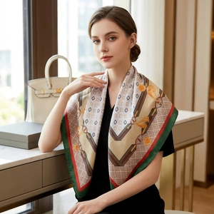 Elegant Satin Square Scarf Women Clover Belt Buckle Print Imitation Silk Neck Scarf Vintage Retro Fashion Scarf Accessories