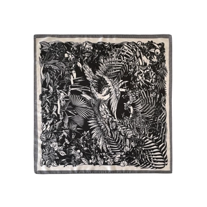 Detailed pattern of French vintage tropical forest prints on elegant square silk scarf