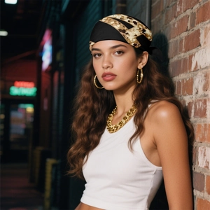 Chic leopard print silk square scarf with GLAM lettering on urban brick wall background