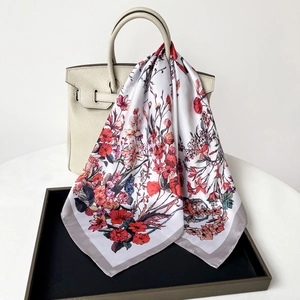 French style floral satin square scarf tied on handbag as a fashion accessory