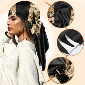 Silky black turban headscarf with leopard print GLAM design and satin finish