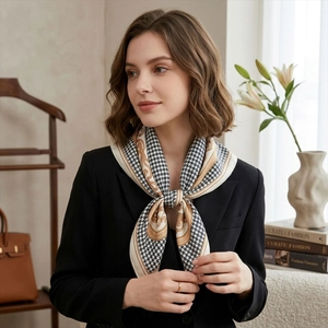 Vintage Houndstooth Print Satin Square Scarf For Women French Elegant Baroque Chain Motif Silk Feeling Neck Bandana Wrap
