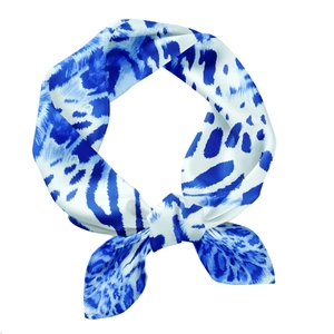 Blue and white leopard print silk scarf for women featuring a stylish knotted design