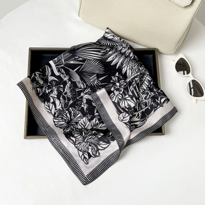French style square silk scarf with black and white tropical floral and palm leaf prints