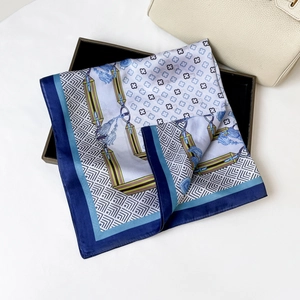Elegant four-leaf clover print square silk scarf with chain pattern and floral motifs