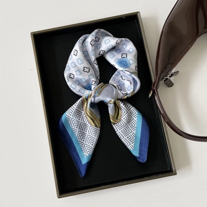 Elegant white square silk scarf with blue clover floral print and satin finish