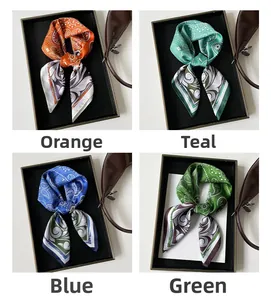 Detailed grid view showing cashew floral silk scarves in orange, cyan, blue and green colors